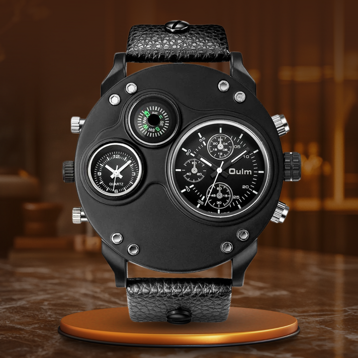 Black Leather Double Time Zone Quartz Watch